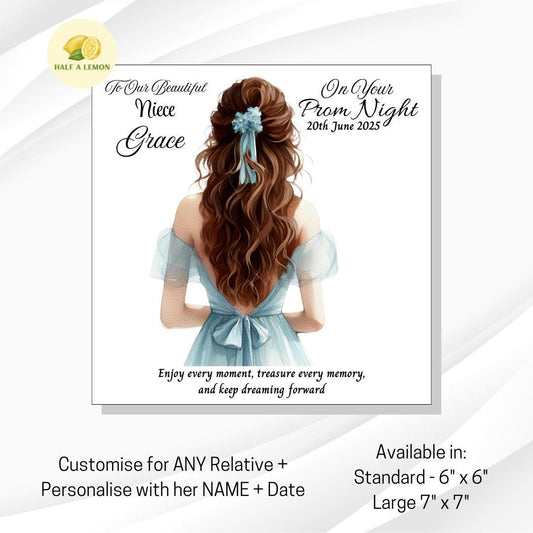 Prom Card for Niece, Personalised Granddaughter Prom Card, for Daughter, Pale Blue Prom Dress, Choose Hair Colour, Prom Gift, Prom Night,