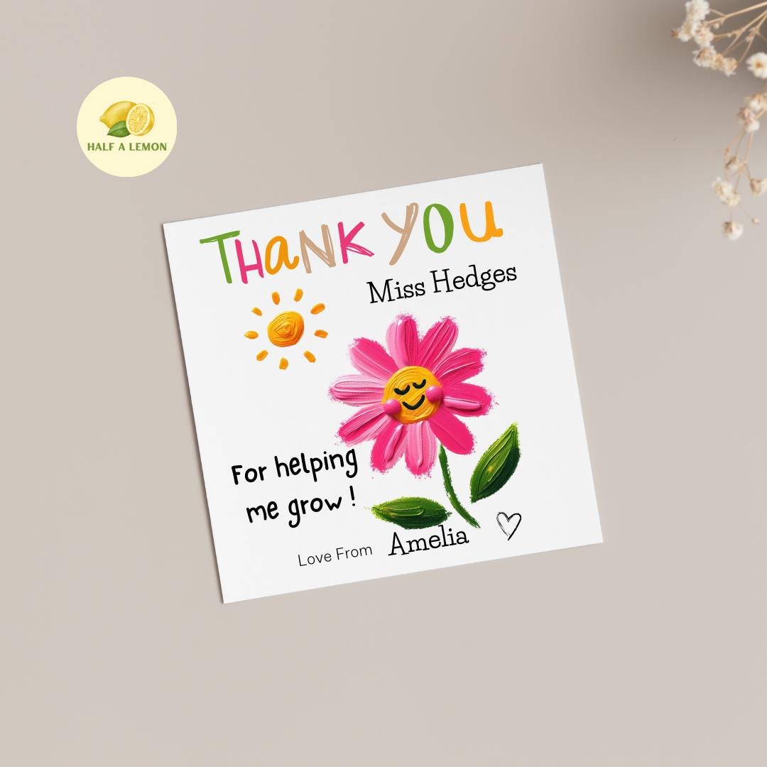 Teacher Thank You card, personalised card, Thank you Teacher card, add child's name and Teacher's name, Painted Flower, Nursery, Assistant,