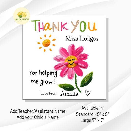 Teacher Thank You card, personalised card, Thank you Teacher card, add child's name and Teacher's name, Painted Flower, Nursery, Assistant,