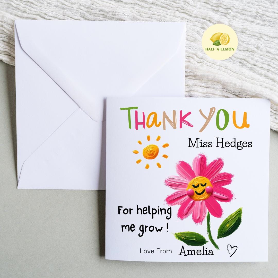 Teacher Thank You card, personalised card, Thank you Teacher card, add child's name and Teacher's name, Painted Flower, Nursery, Assistant,