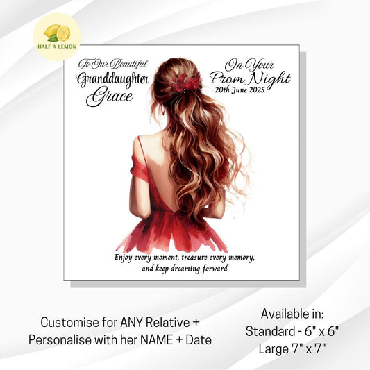 Personalised Granddaughter Prom Card, Prom Card for Daughter, Prom Card for Niece, Red Prom Dress, Choose Hair Colour, Prom Gift, Prom Night