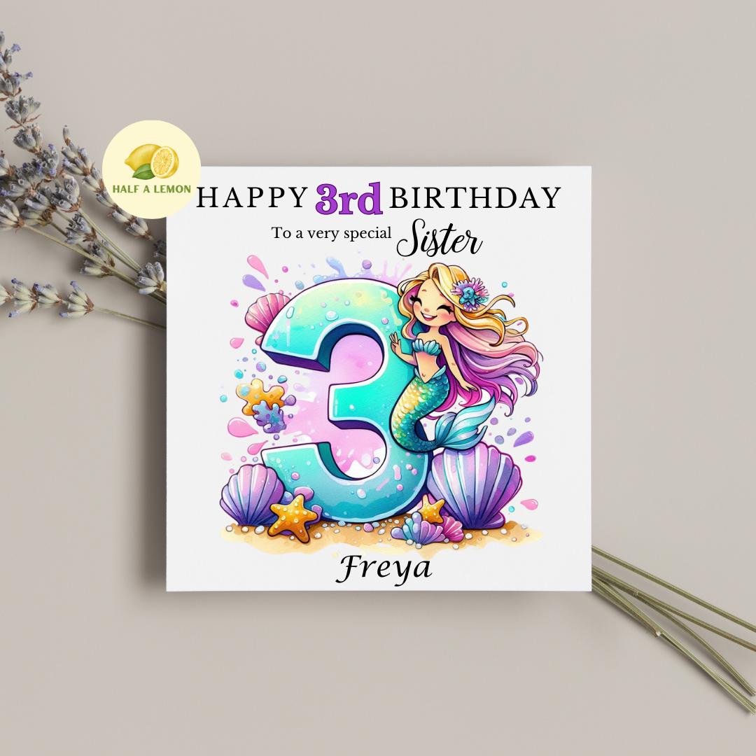 3rd Birthday Card, Personalised Birthday Card, 3rd Birthday Gift Girl, Niece Birthday Card, Daughter Birthday Card, Granddaughter, Mermaid,