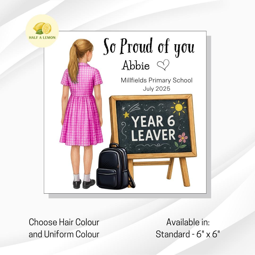 Year 6 Leavers Card, Personalised Year 6 Leavers card, green + white school dress, Add name, school and date, End of Term Gift for Girl