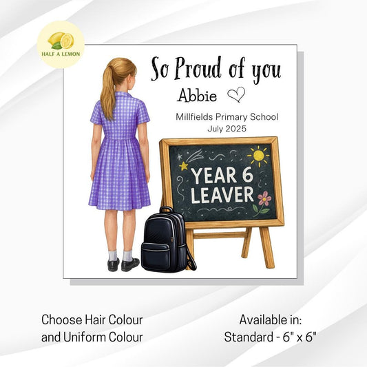 Year 6 Leavers Card, Personalised Year 6 Leavers card, purple + white school dress, Add name, school and date, End of Term Gift for Girl