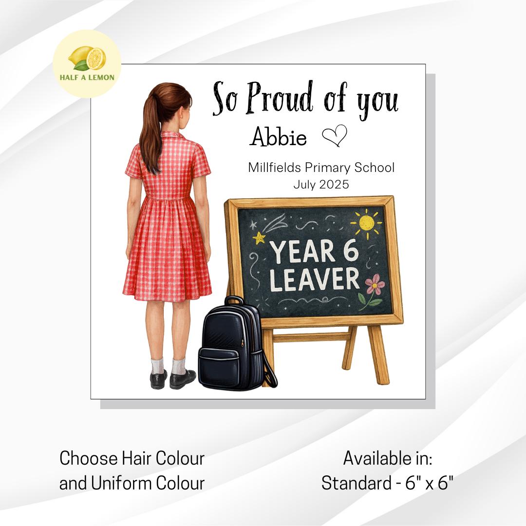 Year 6 Leavers Girl Card, Lilac / Purple Gingham Dress, Custom Name & School – For Daughter, Granddaughter, Niece, personalised gift for her