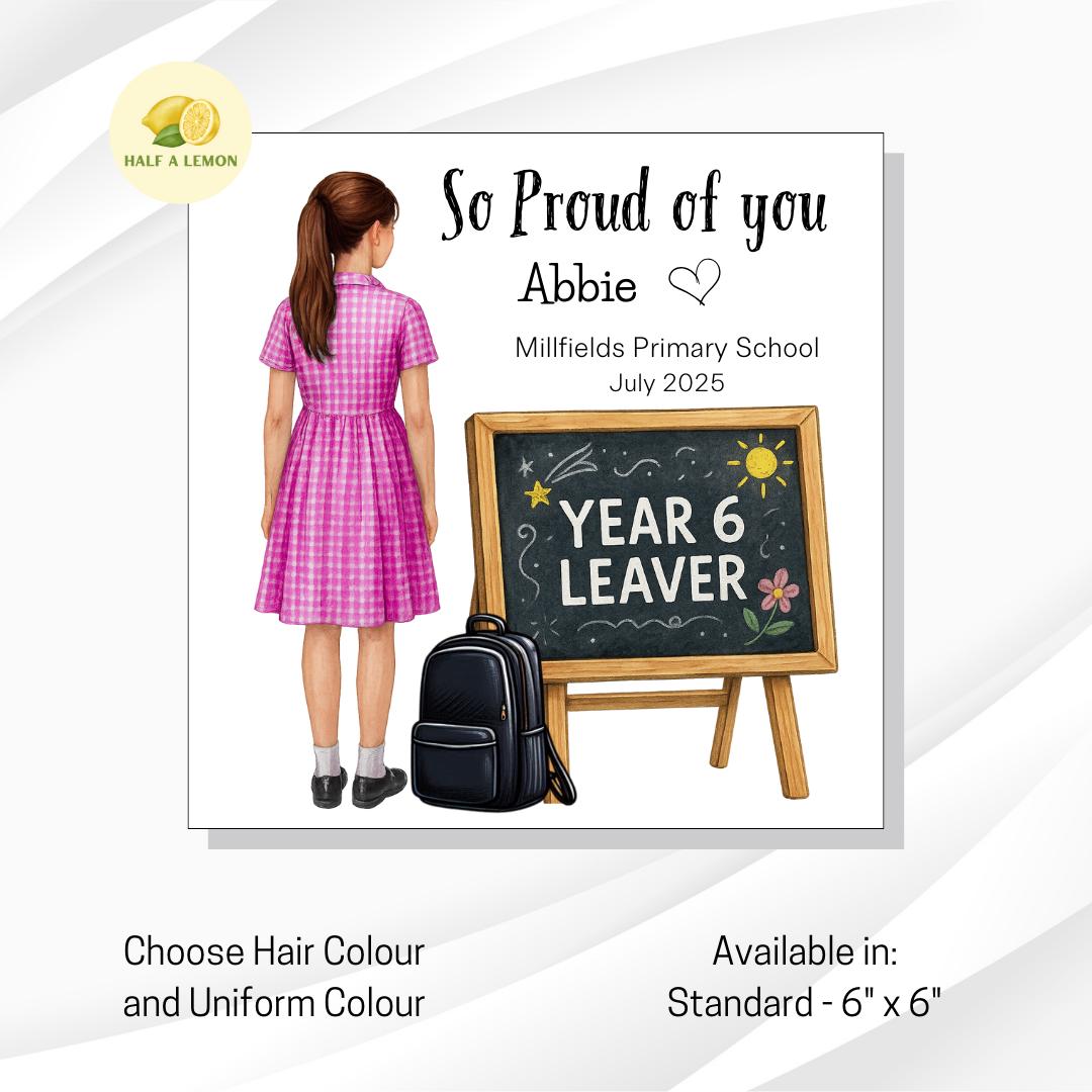 Year 6 Leavers Girl Card, Lilac / Purple Gingham Dress, Custom Name & School – For Daughter, Granddaughter, Niece, personalised gift for her