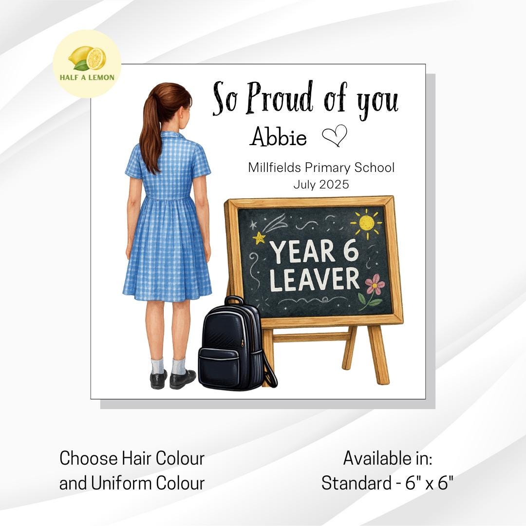 Personalised Year 6 Leavers Girl Card, Blue Gingham Dress, Add Name, School + Date – For Daughter, Granddaughter, Niece, gift for her,