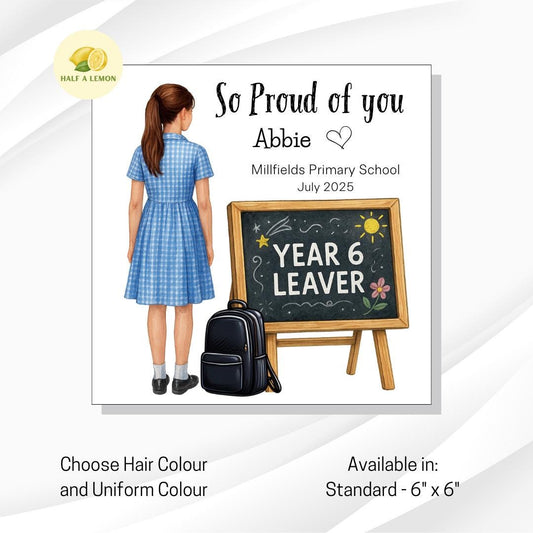 Personalised Year 6 Leavers Girl Card, Blue Gingham Dress, Add Name, School + Date – For Daughter, Granddaughter, Niece, gift for her,