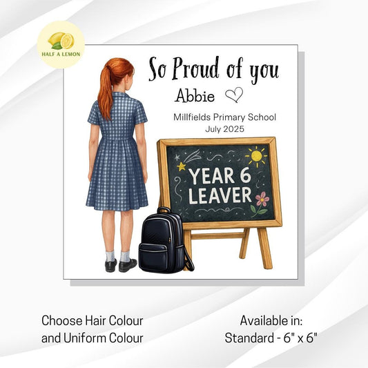 Year 6 Leaver Personalised Card – Navy and white check School Dress, Add Name, School and date, Girl’s End of Term Gift, for any relative,