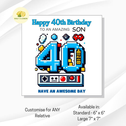 Son 40th Birthday Card – Retro Pixel Gaming Design | Unique Video Game Style Card | 40th Birthday Card for Him |  40th Birthday Gift