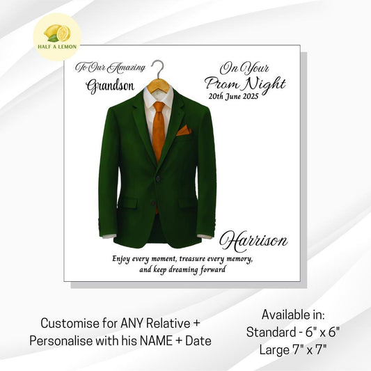 Personalised Prom Card for Grandson, Son Prom Card, Prom Card for Nephew, Emerald Green Suit, Gold Tie, Boyfriend, Prom Gift, Prom Night,