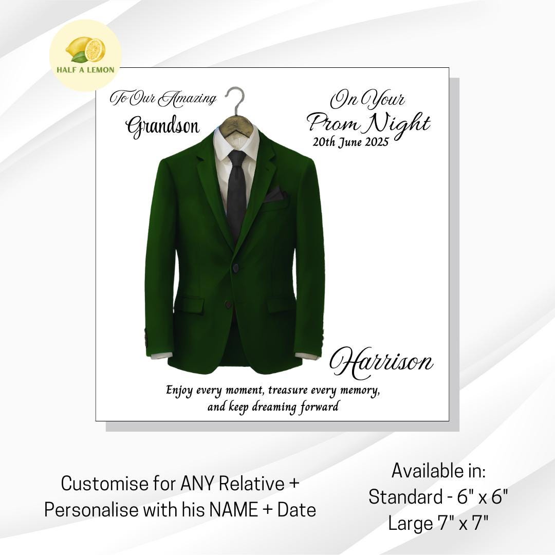 Personalised Prom Card for Grandson, Son Prom Card, Prom Card for Nephew, Emerald Green Suit, Black Tie, Boyfriend, Prom Gift, Prom Night,