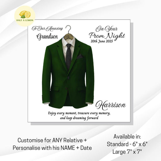 Personalised Prom Card for Grandson, Son Prom Card, Prom Card for Nephew, Emerald Green Suit, Black Tie, Boyfriend, Prom Gift, Prom Night,
