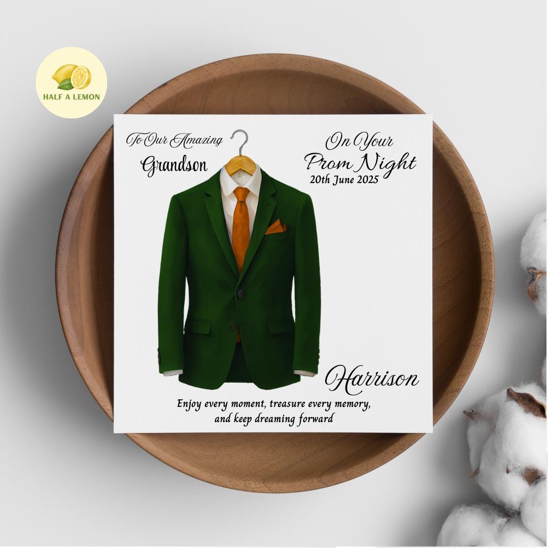 Personalised Prom Card for Grandson, Son Prom Card, Prom Card for Nephew, Emerald Green Suit, Gold Tie, Boyfriend, Prom Gift, Prom Night,