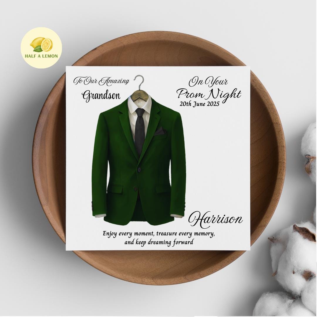 Personalised Prom Card for Grandson, Son Prom Card, Prom Card for Nephew, Emerald Green Suit, Black Tie, Boyfriend, Prom Gift, Prom Night,