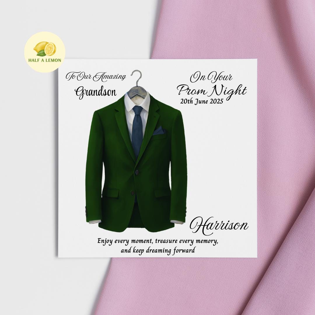 Personalised Prom Card for Grandson, Son Prom Card, Prom Card for Nephew, Emerald Green Suit, Navy Tie, Boyfriend, Prom Gift, Prom Night,