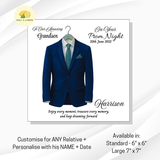 Personalised Prom Card for Grandson, Son Prom Card, Prom Card for Nephew, Parliament Blue Suit, Turquoise Tie, Prom Gift, Prom Night,
