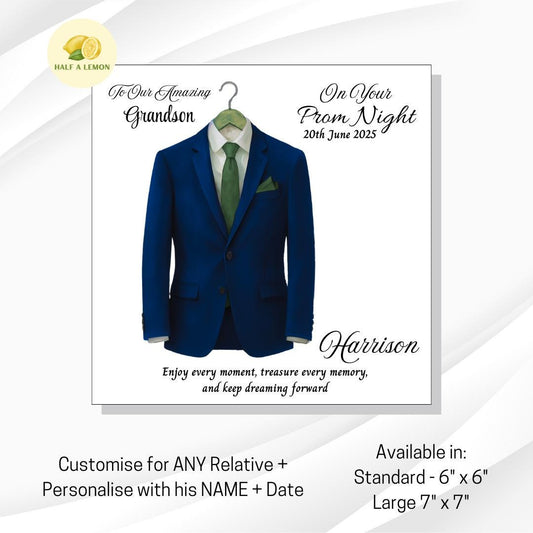 Prom Card for Grandson, Personalised Son Prom Card, Prom Card for Nephew, Parliament Blue Suit, Emerald Green Tie, Prom Gift, Prom Night,
