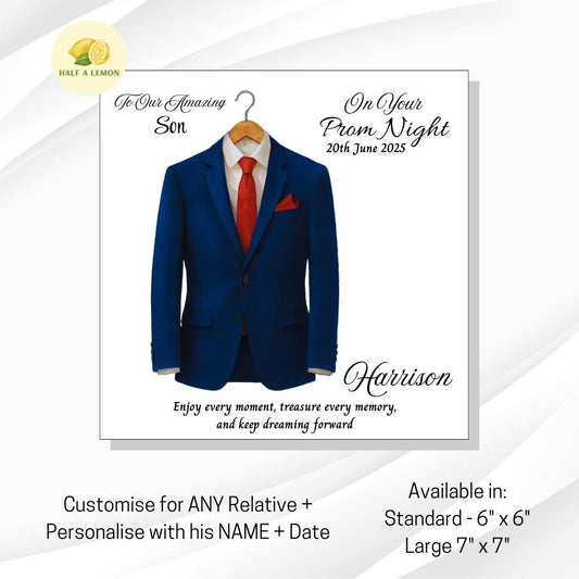 Prom Card for Son, Personalised Son Prom Card, Prom Card for Grandson, Parliament Blue Suit, Red Tie, Prom Gift, Prom Night,