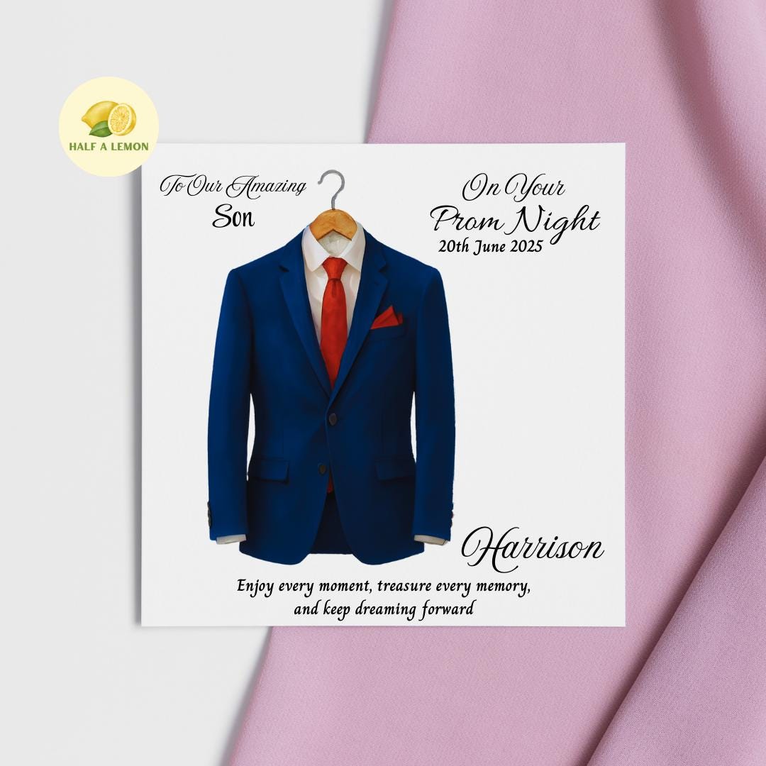 Prom Card for Son, Personalised Son Prom Card, Prom Card for Grandson, Parliament Blue Suit, Red Tie, Prom Gift, Prom Night,