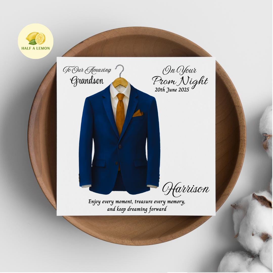 Prom Card for Son, Personalised Son Prom Card, Prom Card for Grandson, Parliament Blue Suit, Gold Tie, Prom Gift, Prom Night,