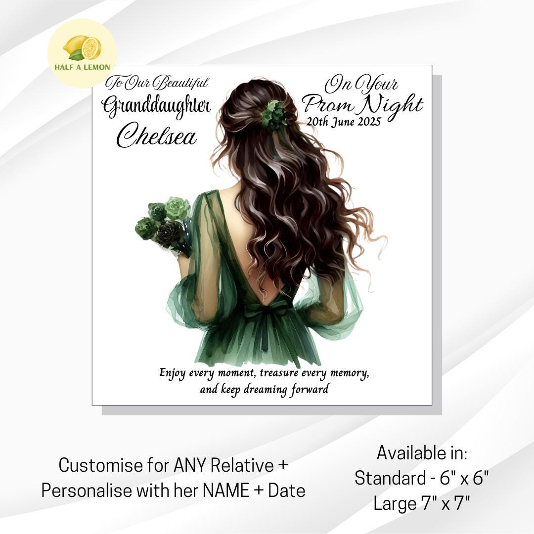 Prom Card for Granddaughter, Personalised Daughter Prom Card, for Niece, Emerald Green Dress, Choose Hair Colour, Prom Gift, Prom Night