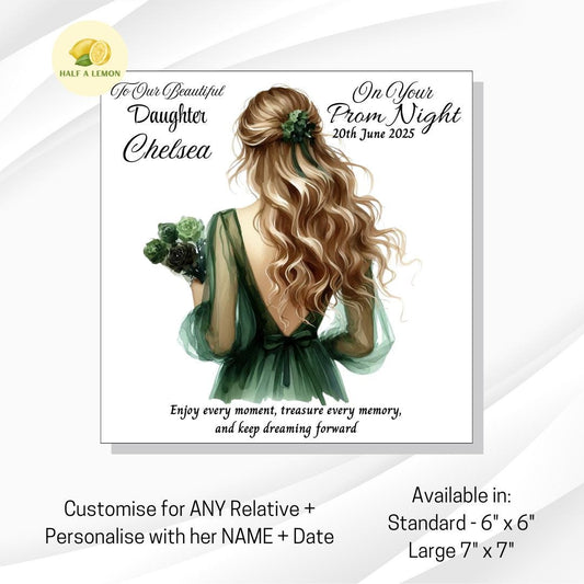 Prom Card for Granddaughter, Personalised Daughter Prom Card, for Niece, Emerald Green Dress, Choose Hair Colour, Prom Gift, Prom Night