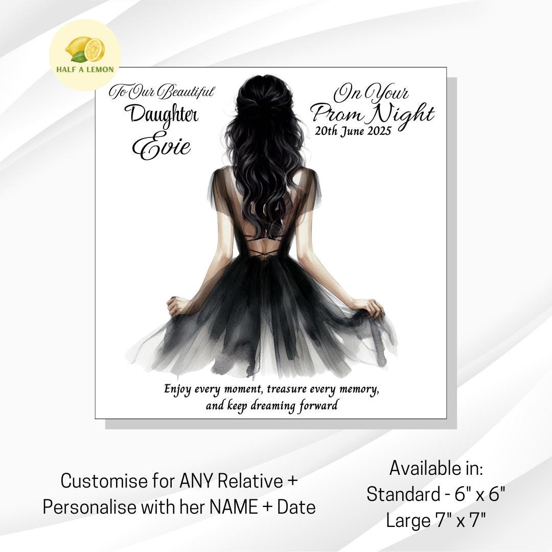 Prom Card for Granddaughter, Personalised Daughter Prom Card, for Niece, Black Prom Dress, Choose Hair Colour, Prom Gift, Prom Night