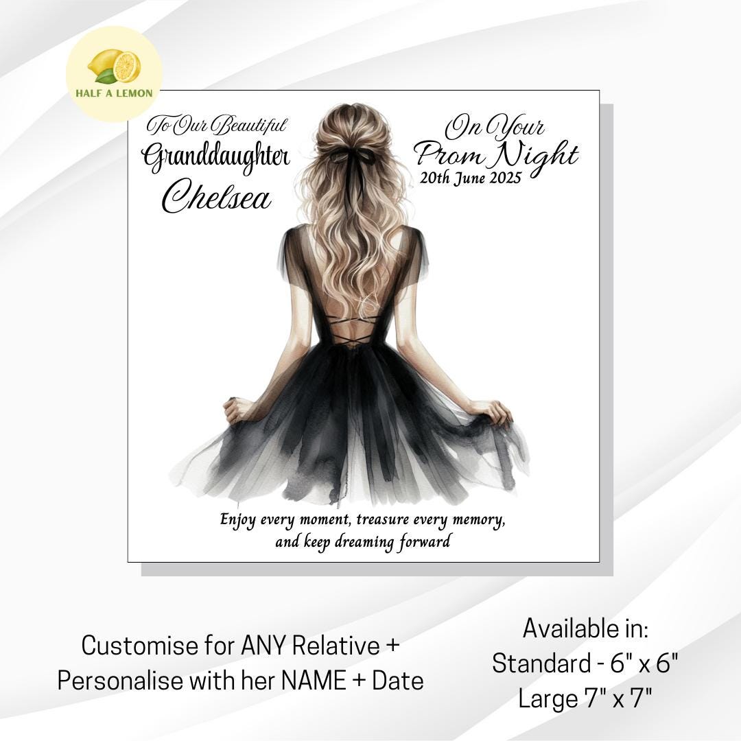 Prom Card for Granddaughter, Personalised Daughter Prom Card, for Niece, Black Prom Dress, Choose Hair Colour, Prom Gift, Prom Night