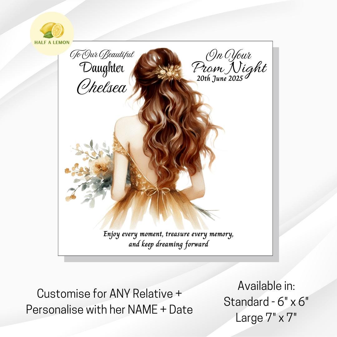 Prom Card for Daughter, Personalised Granddaughter Prom Card, for Niece, Gold Prom Dress, Choose Hair Colour, Prom Gift, Prom Night