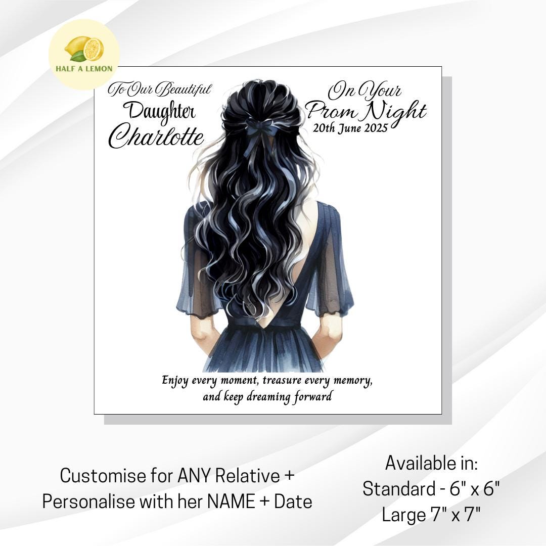 Prom Card for Daughter, Personalised Granddaughter Prom Card, Prom Card for Niece, Navy Dress, Choose Hair Colour, Prom Gift, Prom Night