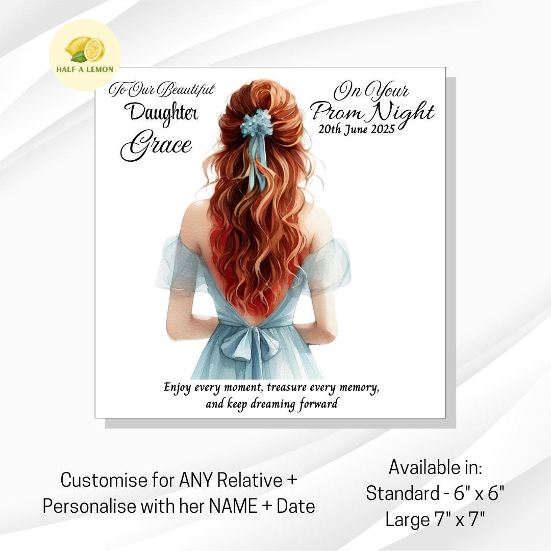Prom Card for Niece, Personalised Granddaughter Prom Card, for Daughter, Pale Blue Prom Dress, Choose Hair Colour, Prom Gift, Prom Night,