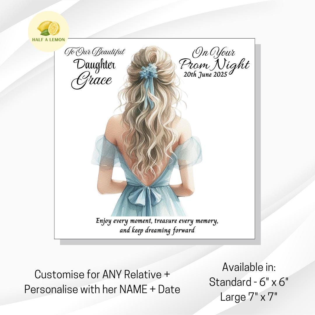 Prom Card for Niece, Personalised Granddaughter Prom Card, for Daughter, Pale Blue Prom Dress, Choose Hair Colour, Prom Gift, Prom Night,