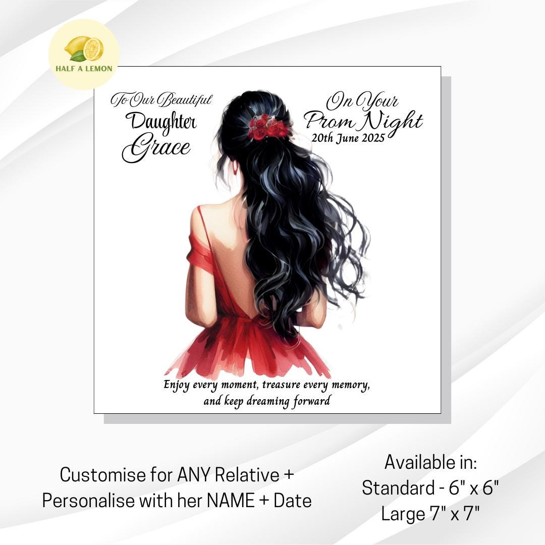 Personalised Granddaughter Prom Card, Prom Card for Daughter, Prom Card for Niece, Red Prom Dress, Choose Hair Colour, Prom Gift, Prom Night