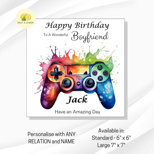 Personalised Gamer Birthday Card for Boyfriend, Gaming Controller Design, Custom Name, Ideal Gift for Him, Brother, Husband, Son, Son in-law