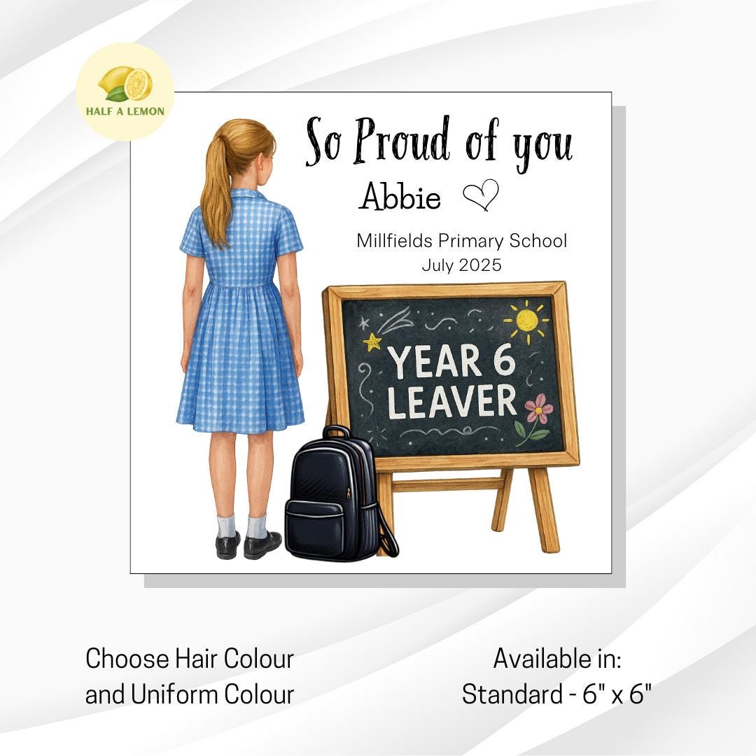 Year 6 School Leavers Card, Personalised Year 6 Leavers card, navy + white school dress, Add name, school, date, End of Term Gift for Girl