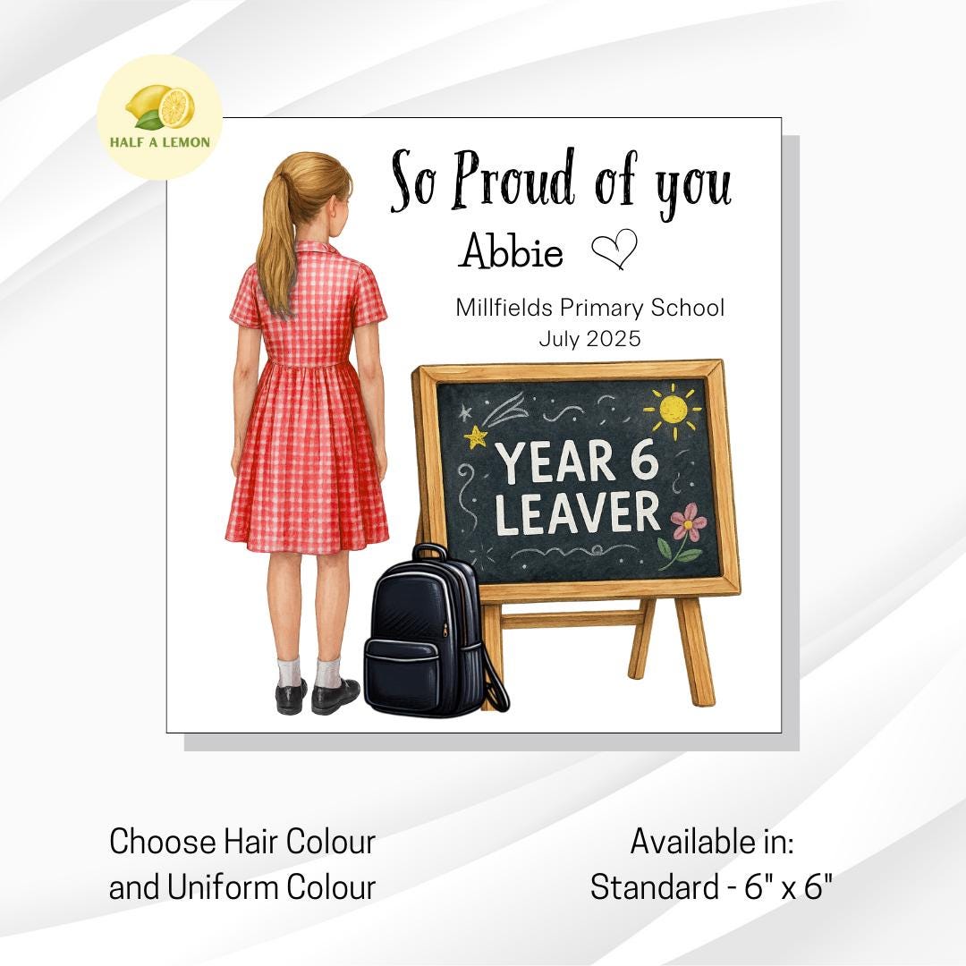 Year 6 Leavers Card, Personalised Year 6 Leavers card, purple + white school dress, Add name, school and date, End of Term Gift for Girl