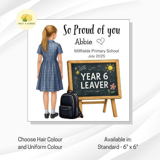 Year 6 School Leavers Card, Personalised Year 6 Leavers card, navy + white school dress, Add name, school, date, End of Term Gift for Girl