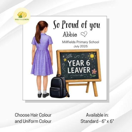Year 6 Leavers Girl Card, Lilac / Purple Gingham Dress, Custom Name & School – For Daughter, Granddaughter, Niece, personalised gift for her