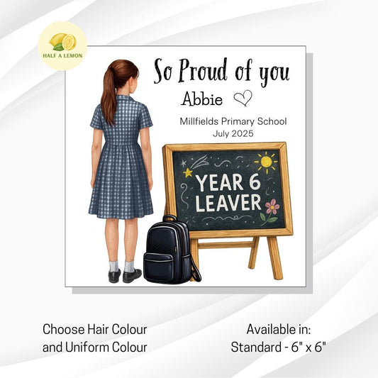 Personalised Year 6 School Leavers Girl Card, Navy Gingham Dress, Add Name, School + Date – For Daughter, Granddaughter, Niece, gift for her
