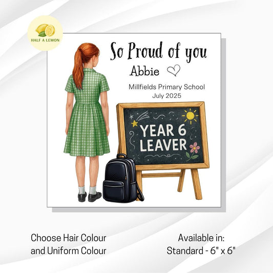 Year 6 Leavers Card, Personalised Year 6 Leaver card, green and white school dress, personalise name and school, gift, End of Term Card,