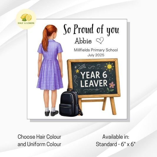 Year 6 Leavers Card, Personalised Year 6 Leaver card, purple and white school dress, personalise name and school, gift, End of Term Card,