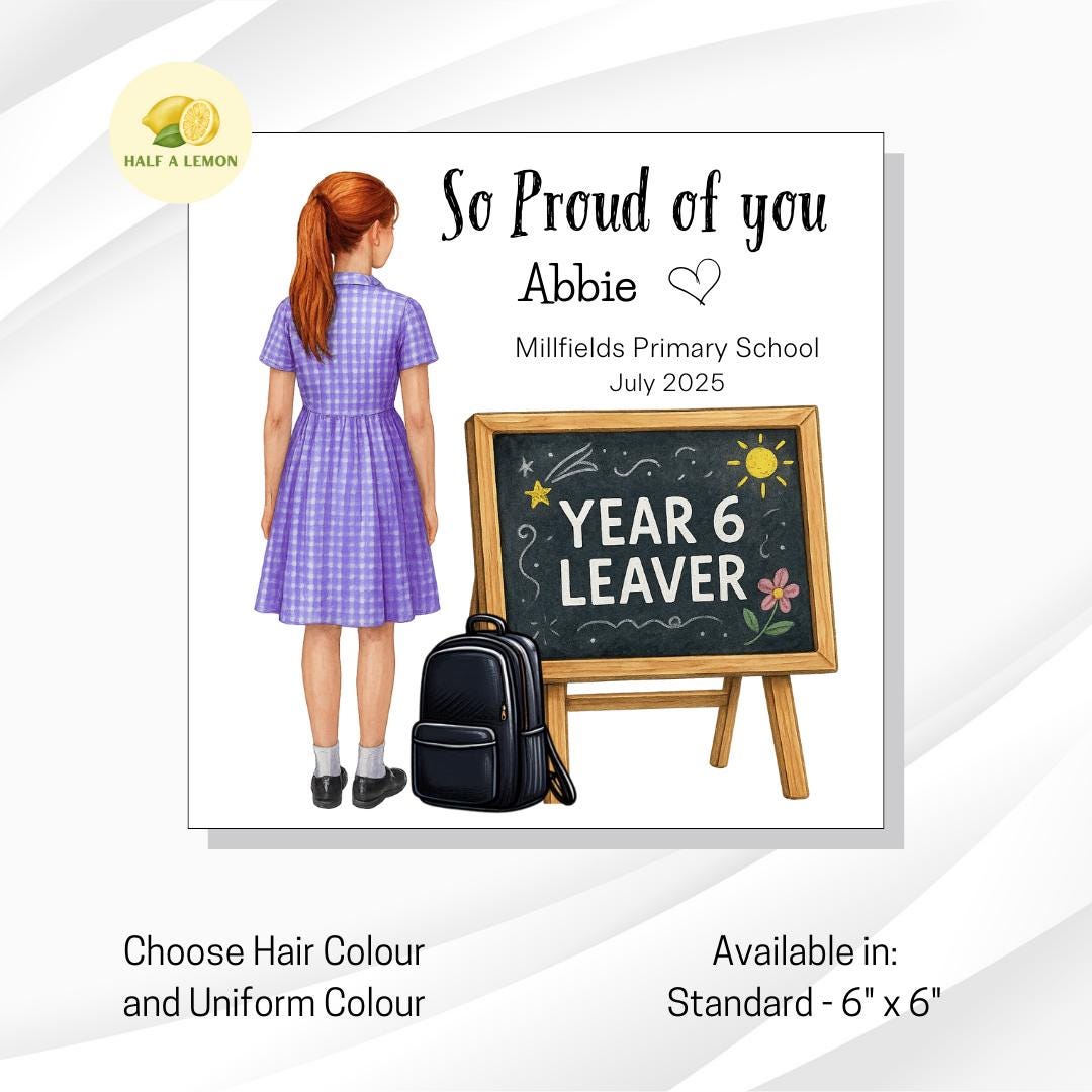 Year 6 Leavers Card, Personalised Year 6 Leaver card, pink and white school dress, personalise name and school, gift, End of Term Card,