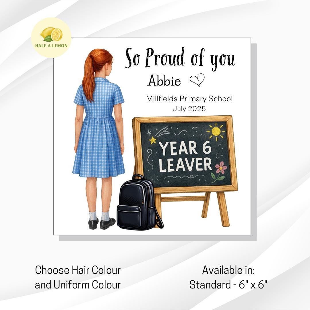 Year 6 Leavers Card, Personalised Year 6 Leaver card, blue and white school dress, personalise name and school, gift, End of Term Card,