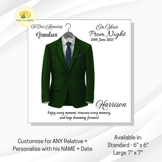 Personalised Prom Card for Grandson, Son Prom Card, Prom Card for Nephew, Emerald Green Suit, Navy Tie, Boyfriend, Prom Gift, Prom Night,