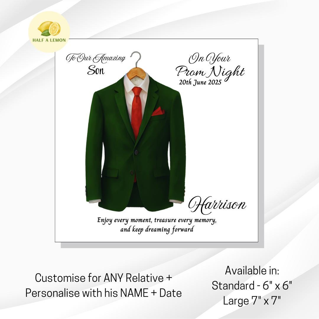 Prom Card for Grandson, Personalised Son Prom Card, Prom Card for Nephew, Emerald Green Suit, Red Tie, for Boyfriend, Prom Gift, Prom Night,