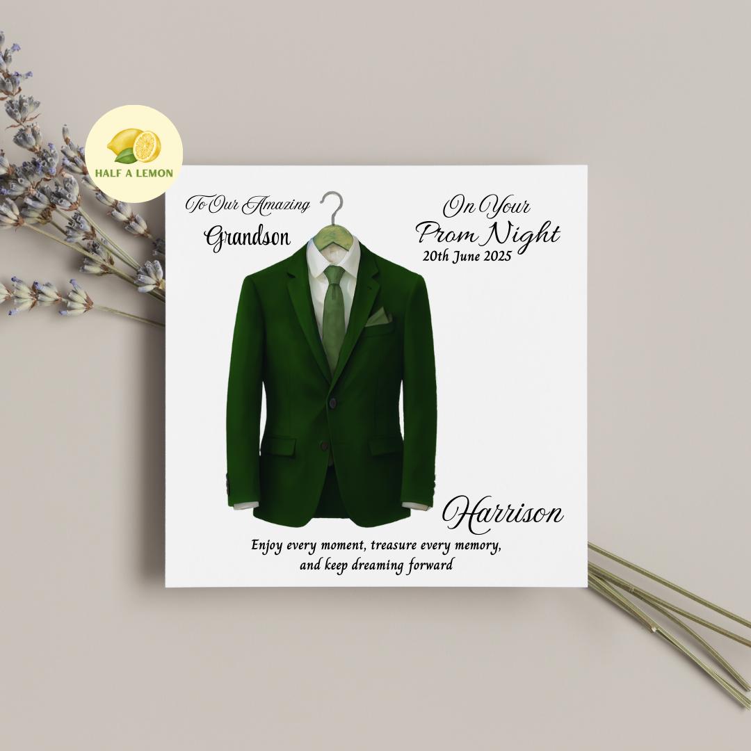 Prom Card for Grandson, Personalised Son Prom Card, Prom Card for Nephew, Emerald Green Suit, Green Tie, Boyfriend, Prom Gift, Prom Night,