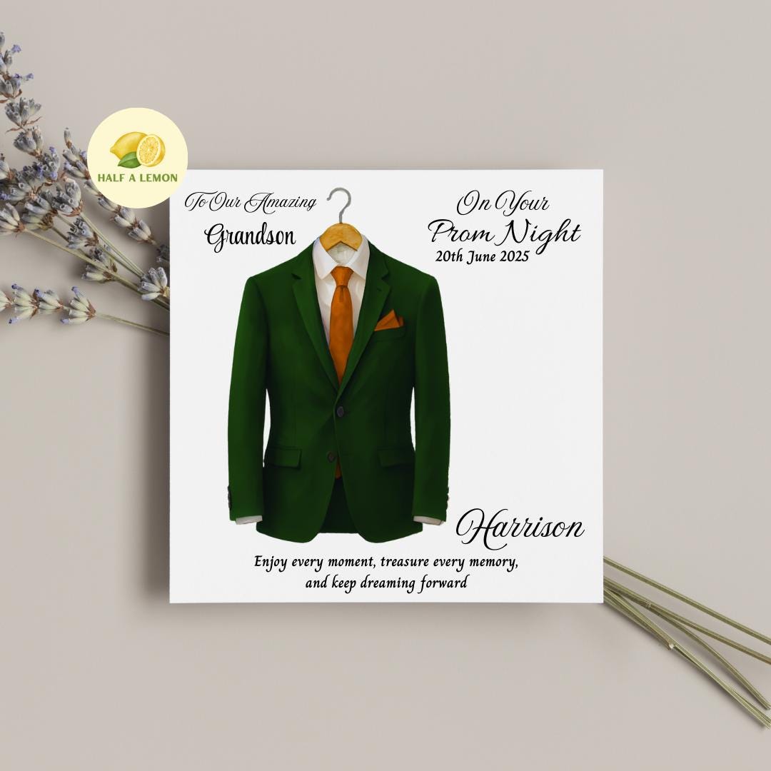 Personalised Prom Card for Grandson, Son Prom Card, Prom Card for Nephew, Emerald Green Suit, Gold Tie, Boyfriend, Prom Gift, Prom Night,