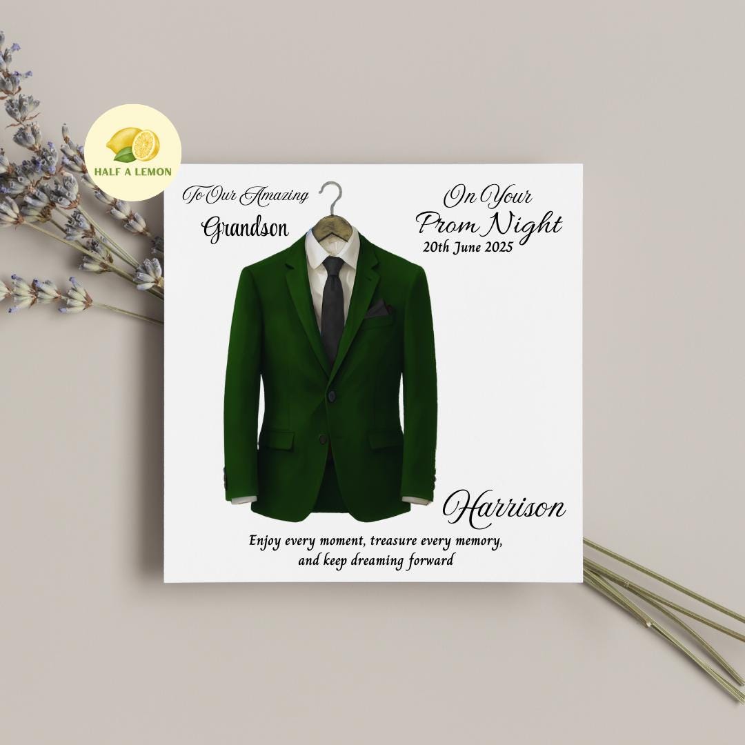 Personalised Prom Card for Grandson, Son Prom Card, Prom Card for Nephew, Emerald Green Suit, Black Tie, Boyfriend, Prom Gift, Prom Night,