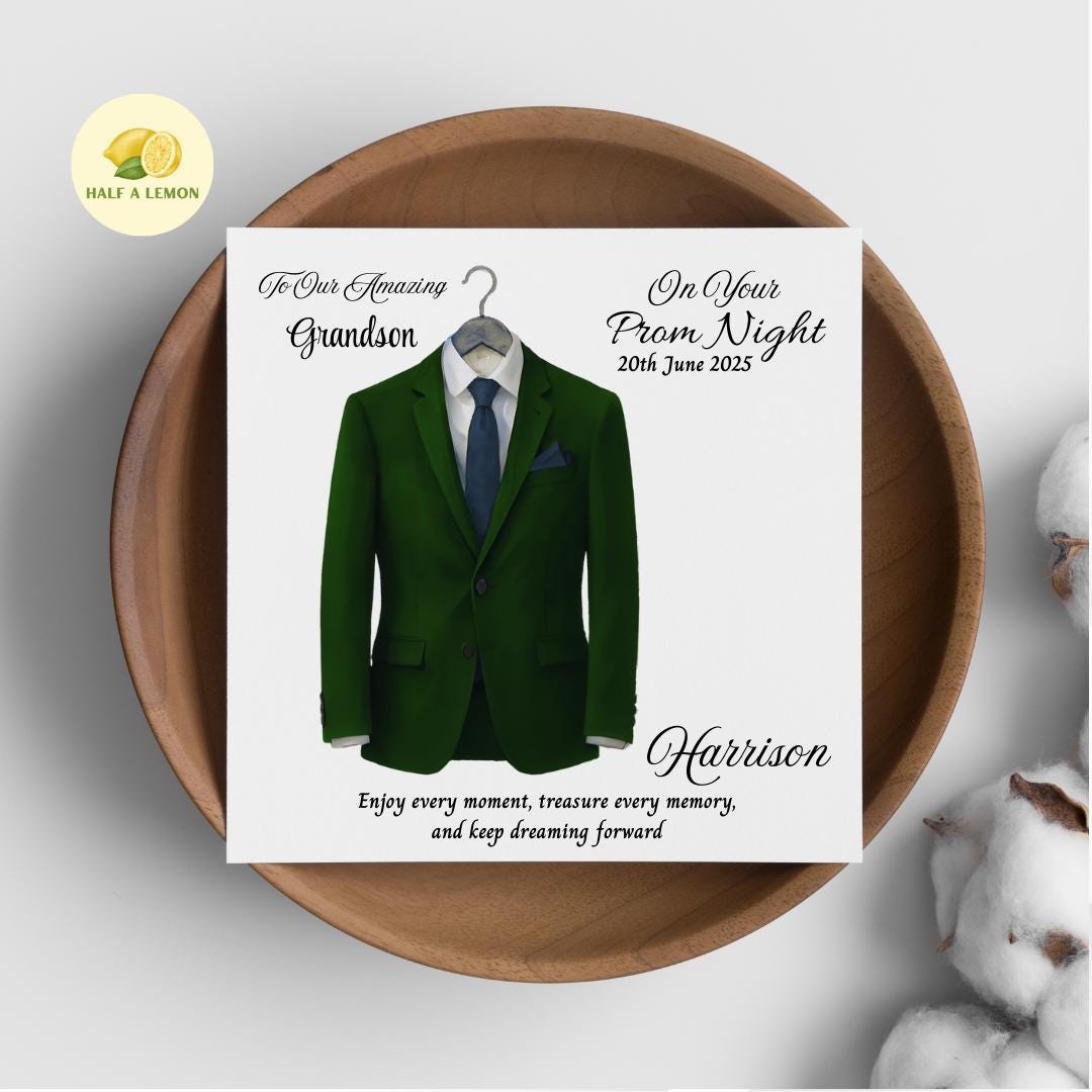 Personalised Prom Card for Grandson, Son Prom Card, Prom Card for Nephew, Emerald Green Suit, Navy Tie, Boyfriend, Prom Gift, Prom Night,